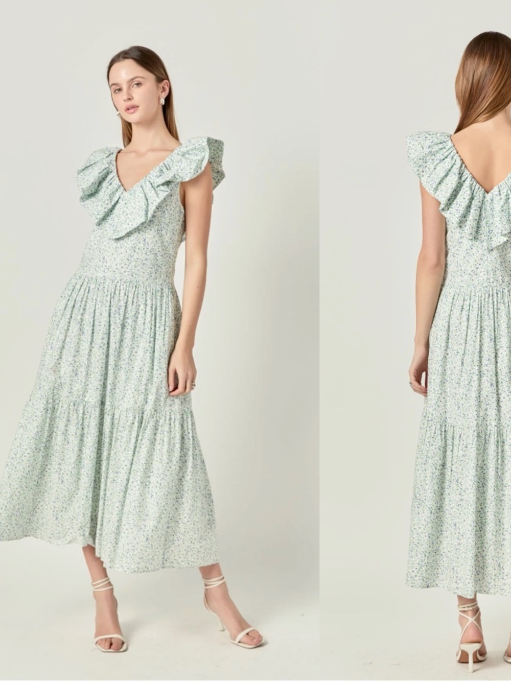 English Factory Blue Floral Printed V-Neck Ruffle Midi Dress